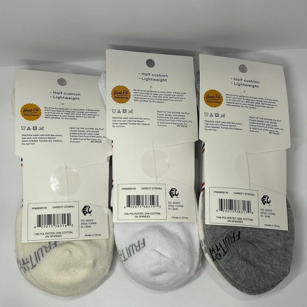 Fruit of the Loom Mens 6 Pair Mid-Crew Socks Varsity Stripe Grey White FRM90001M